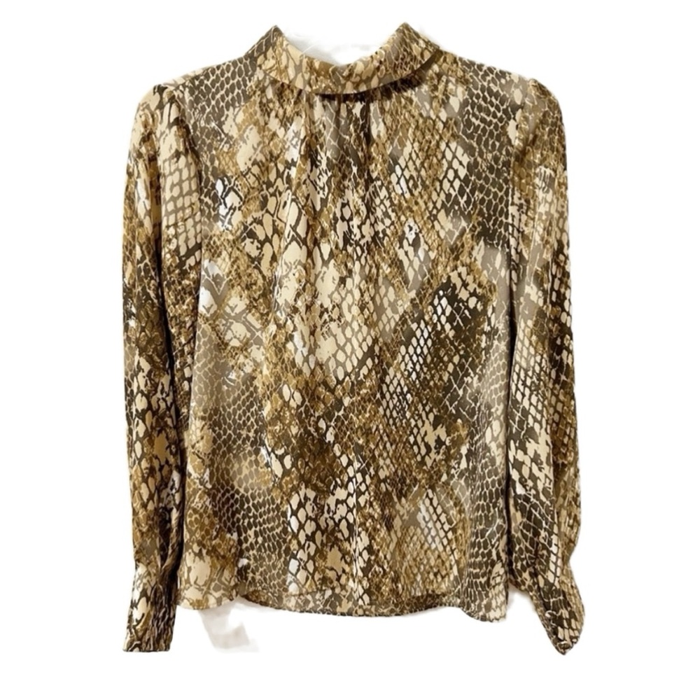 H & M Snakeskin Print Long Sleeve Mock Turtleneck Blouse Key Hole Back Pointed